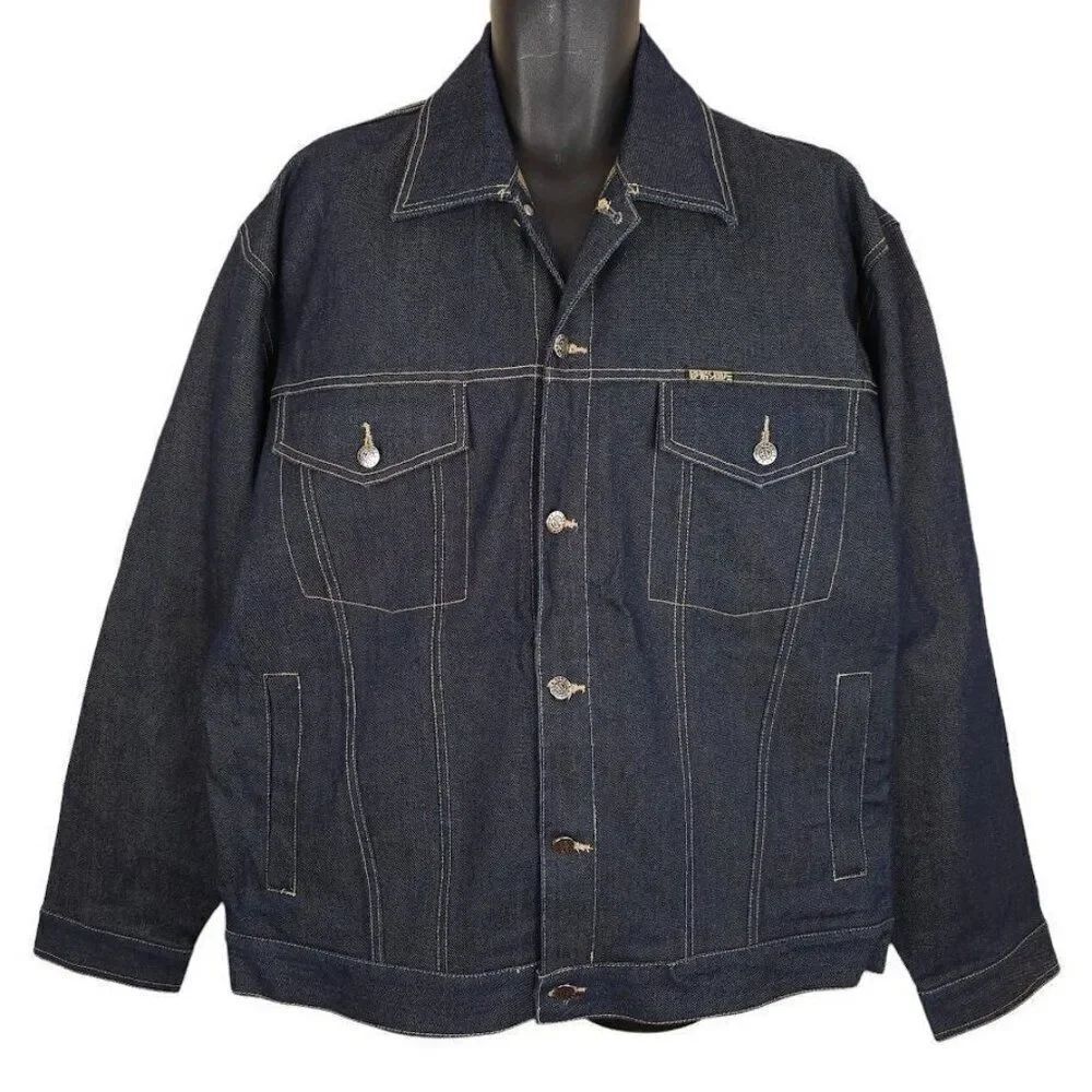 Vintage Barcode Jeans Denim Jacket Mens Size Large Blue 90s Y2K Oversized Street